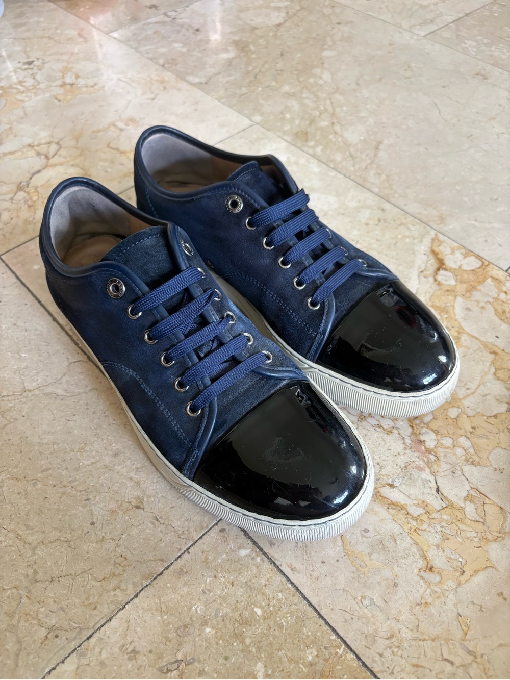 Lanvin Men's DBB1 Patent-Toe Suede Sneakers Navy